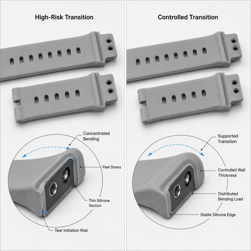 Smartwatch strap metal insert transition high risk versus controlled LSR design