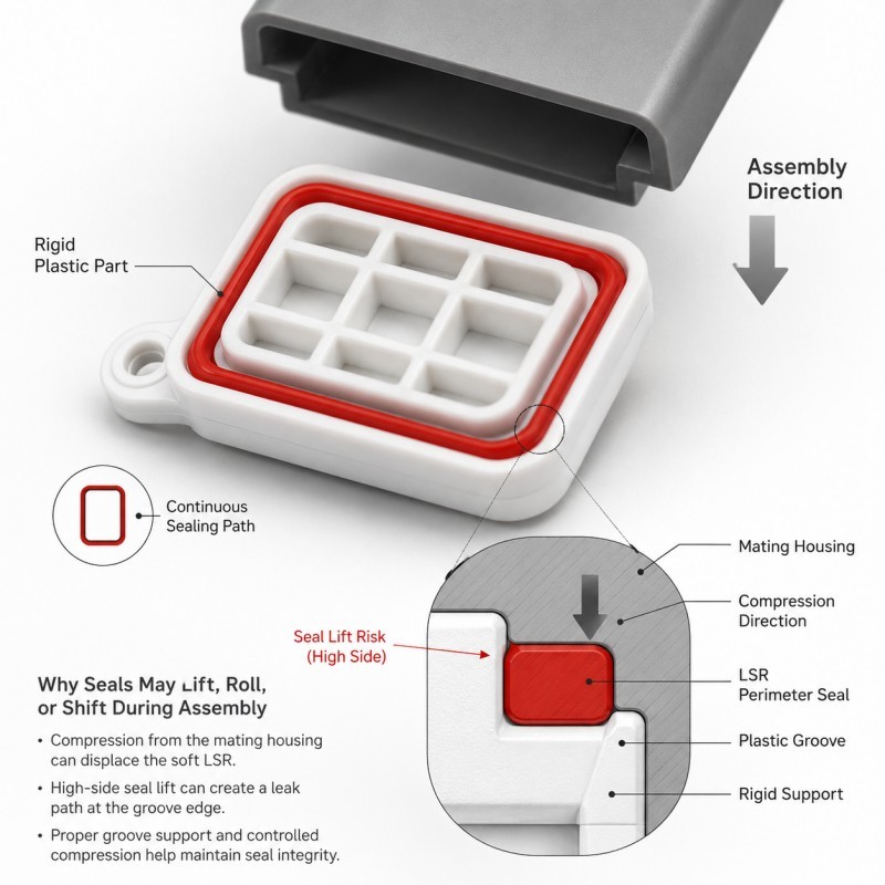 Why Do LSR Overmolded Perimeter Seals Lift Out of Plastic Grooves During Assembly?
