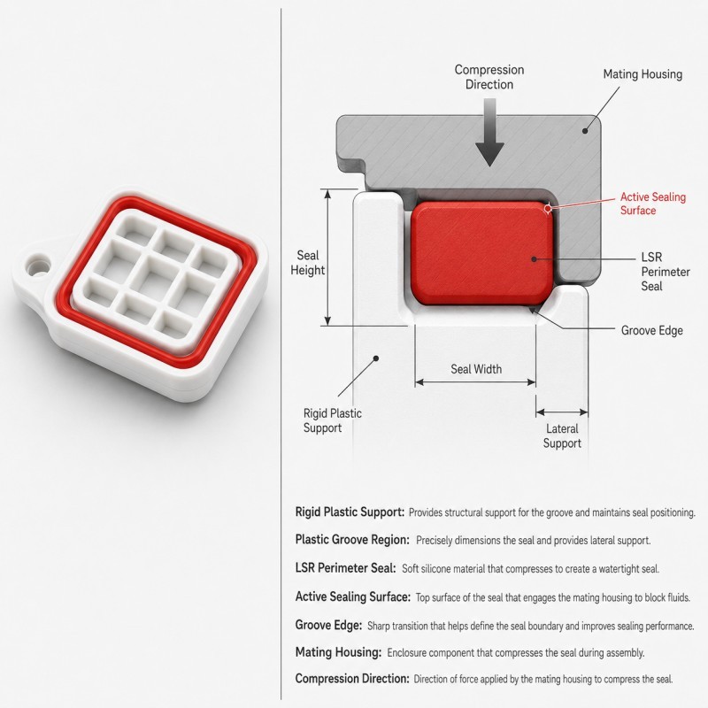 Plastic groove with integrated LSR perimeter sealing path
