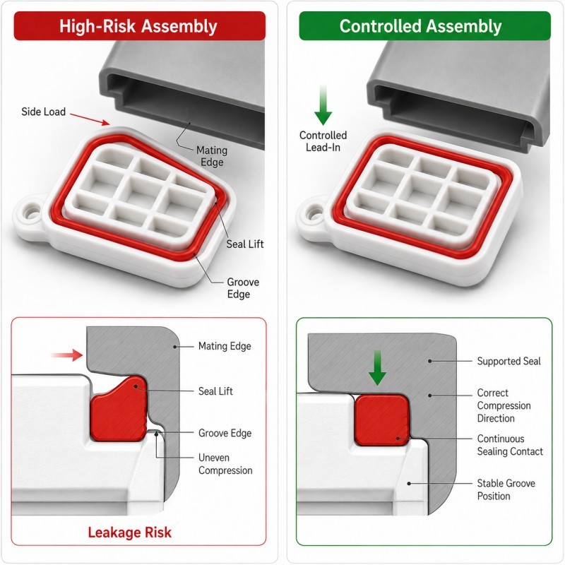 LSR groove seal lifting risk versus controlled assembly