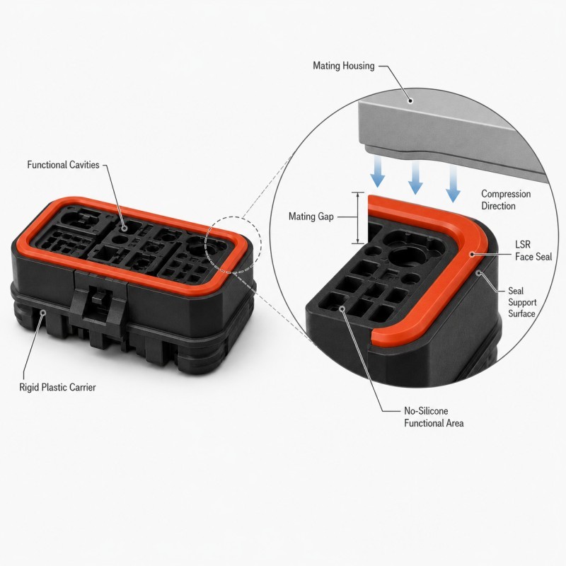 LSR connector face seal supported by rigid plastic carrier