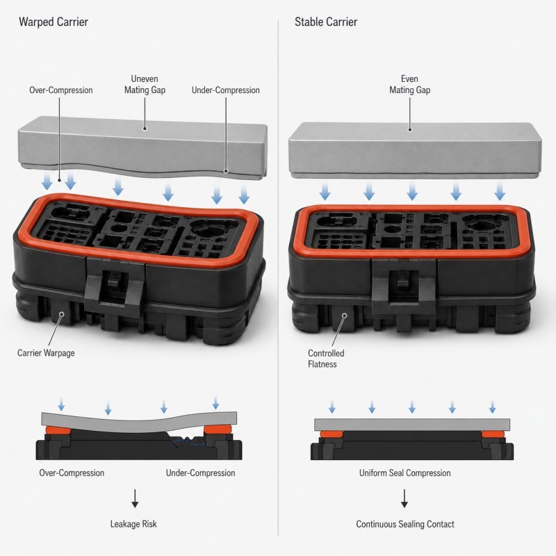 Connector plastic carrier warpage causing uneven LSR seal compression