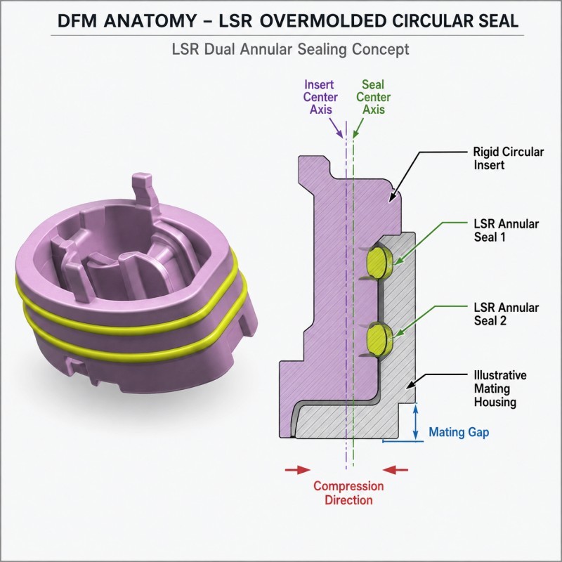 Circular LSR overmolded seal concentricity and annular compression