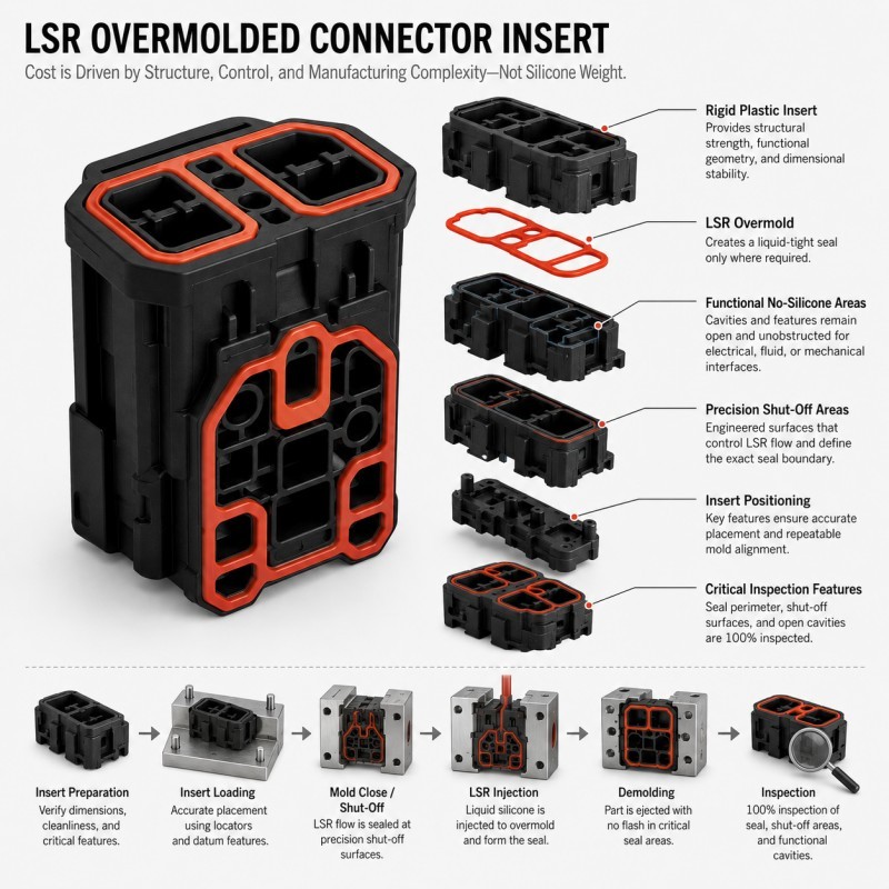 LSR molding cost comparison between simple silicone part and insert overmolding