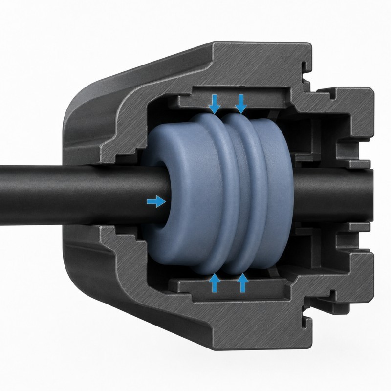 Seal-to-wire and seal-to-cavity interfaces of automotive single wire seal
