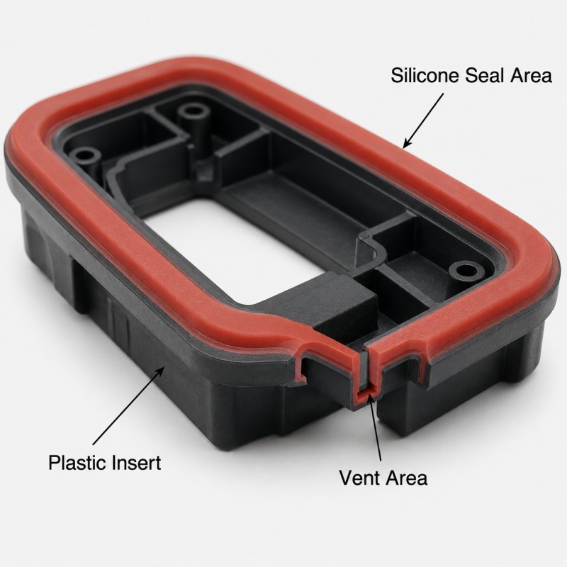 Silicone overmolding venting design structure
