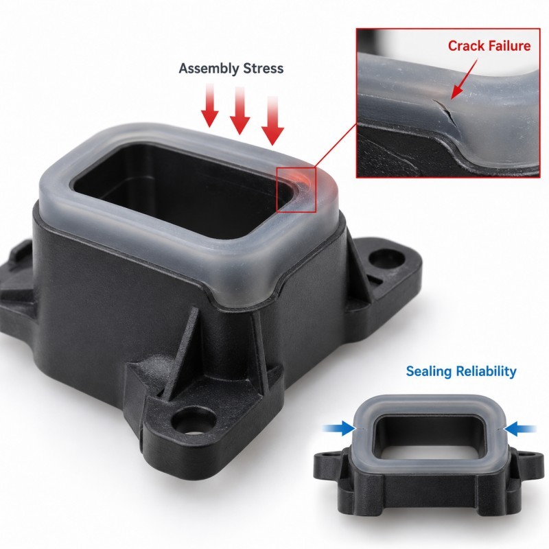 Silicone overmolding crack failure analysis during assembly