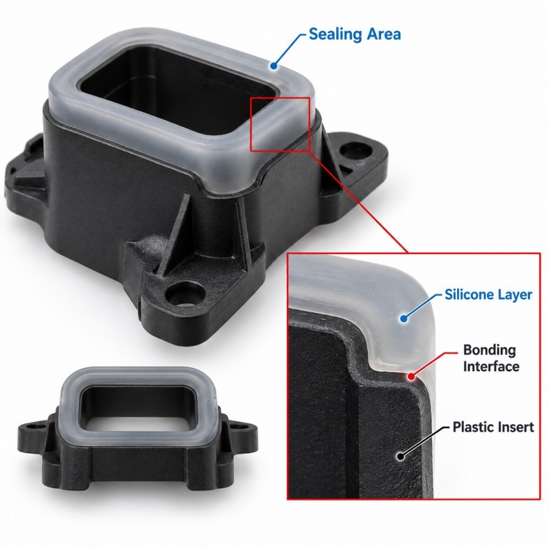 Silicone over plastic interface design for LSR overmolding