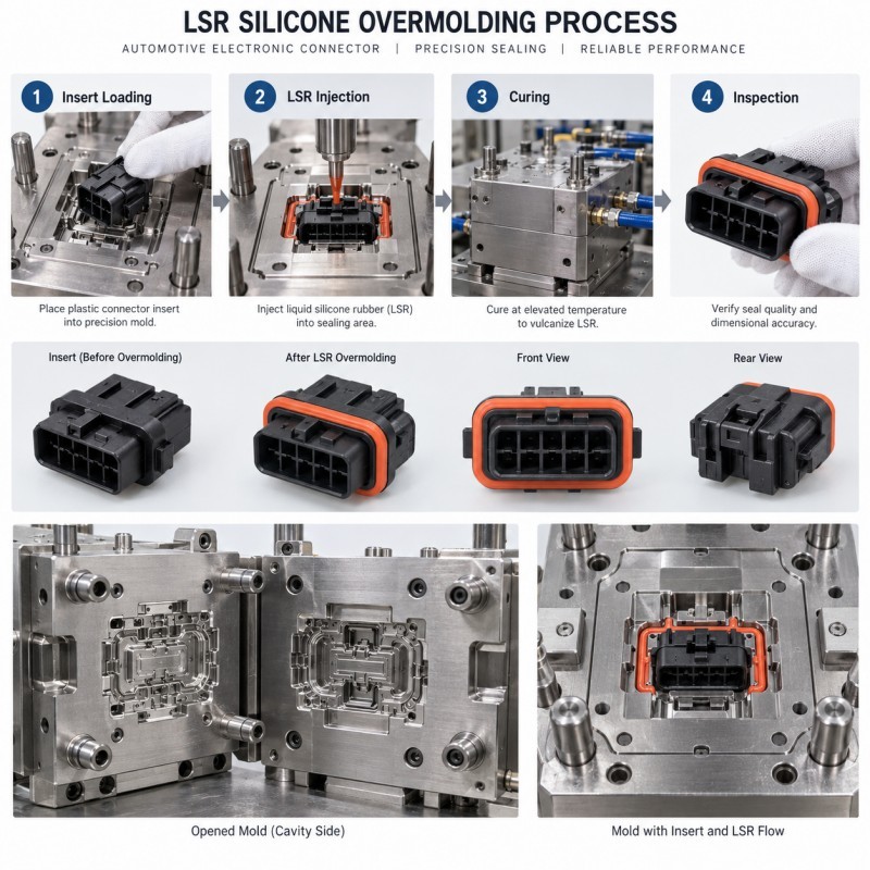 Silicone overmolding process flow from insert loading to LSR molding