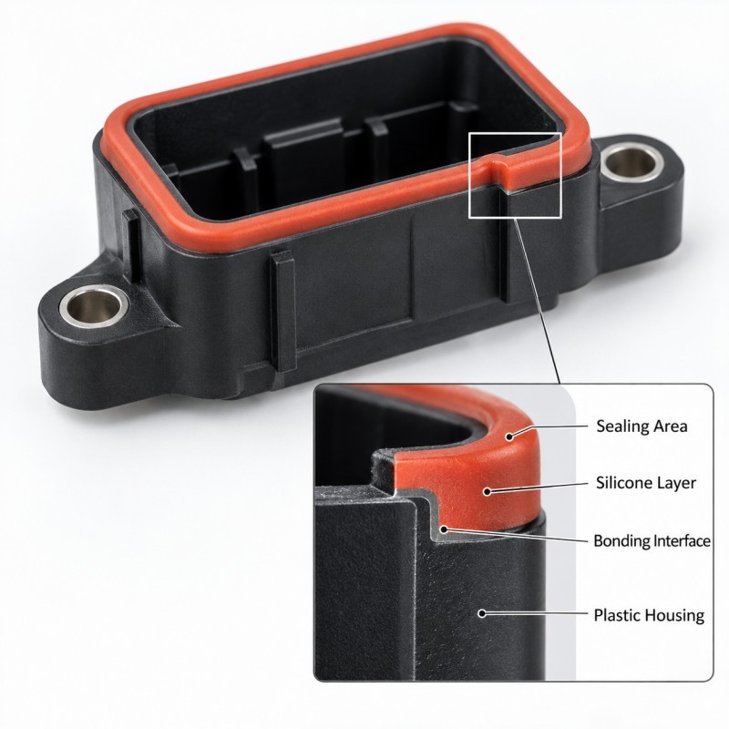 Silicone over plastic interface design for LSR overmolding