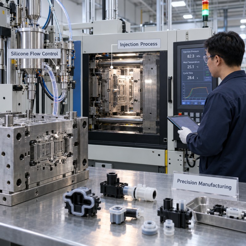 LSR overmolding mold design for silicone flash control