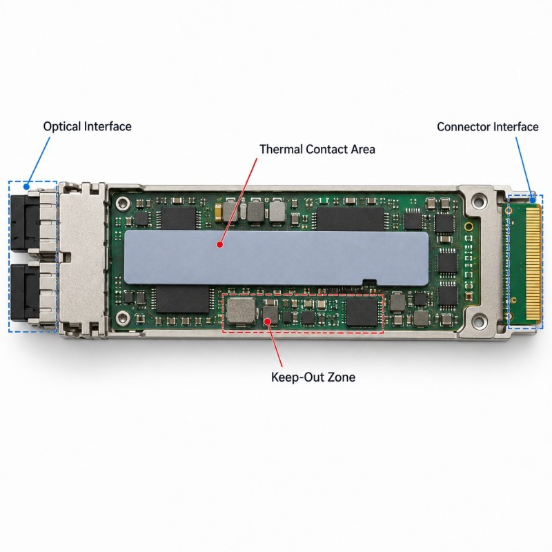 800G optical module thermal pad contact area and keep-out zone design
