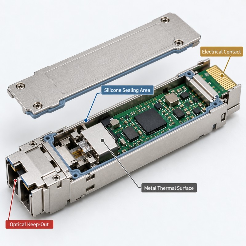 Optical module silicone seal keep-out zones around optical and electrical interfaces