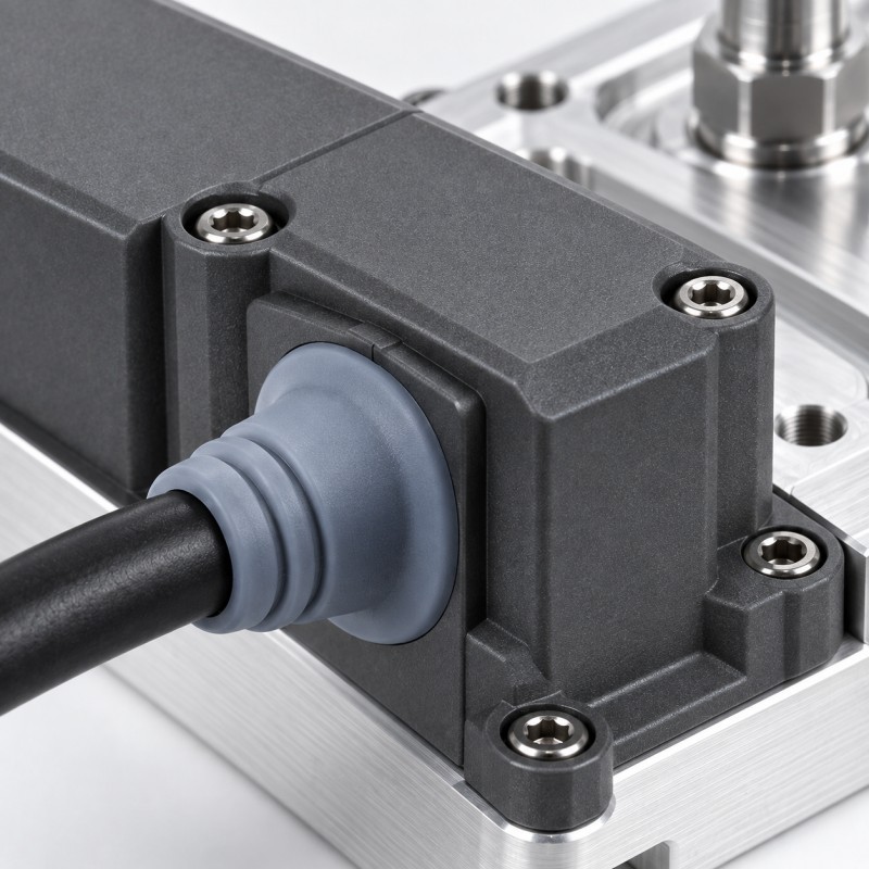 Silicone cable grommet sealing an electrical feedthrough near a liquid cooling assembly