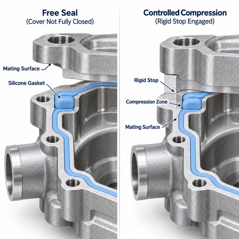 Liquid cooling pump housing silicone gasket compression design