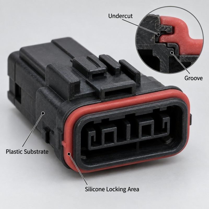Silicone over plastic interface design for LSR overmolding