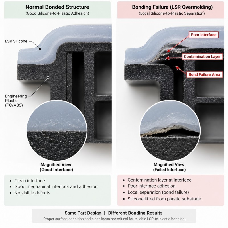 Silicone overmolding bonding failure analysis