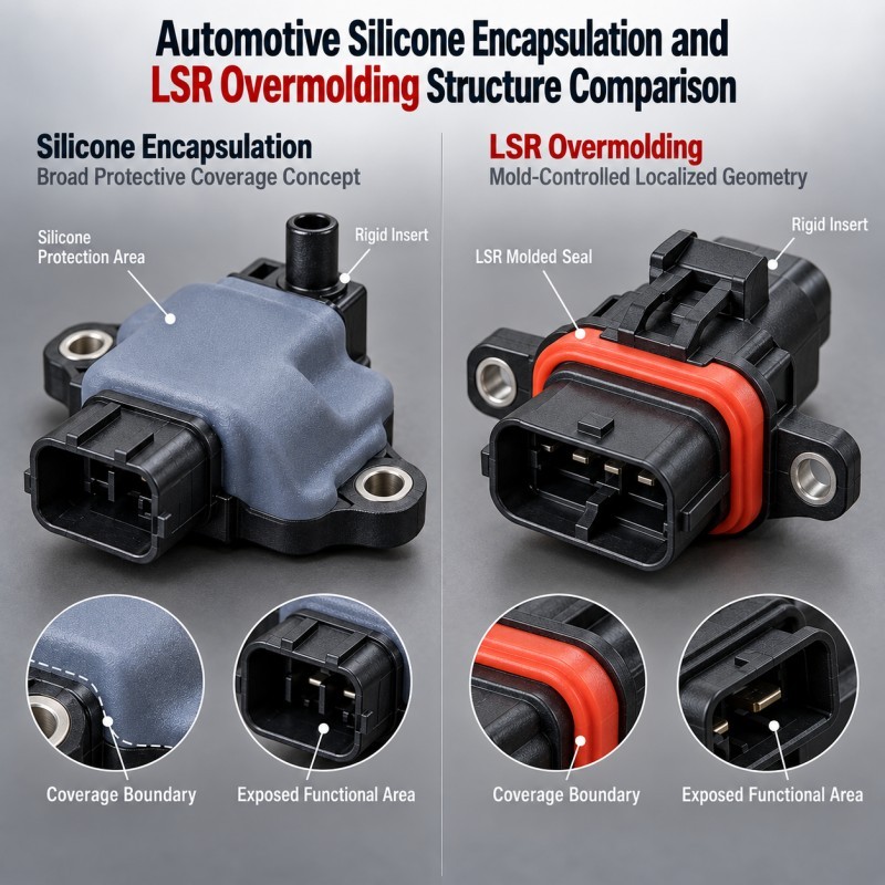 Automotive silicone encapsulation and LSR overmolding structure comparison