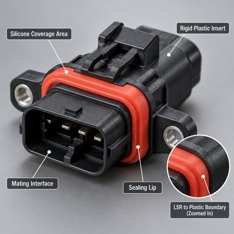 Automotive LSR overmolding with controlled localized silicone coverage