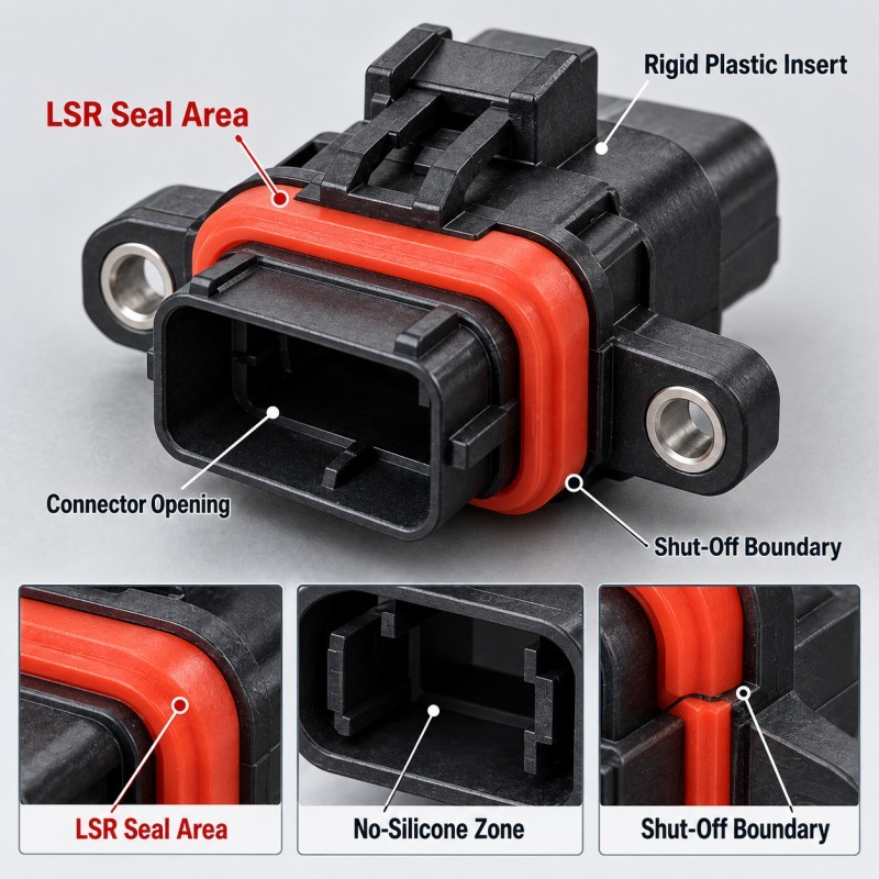Automotive LSR overmolding no-silicone zone design around connector openings