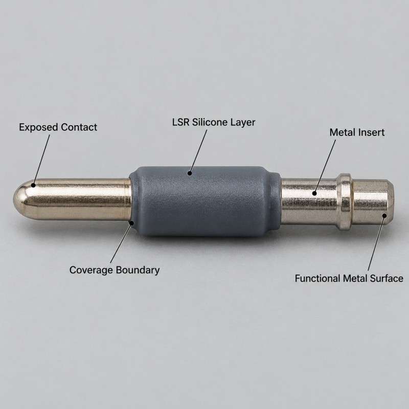 LSR overmolded metal pin with exposed electrical contact and silicone insulation zones