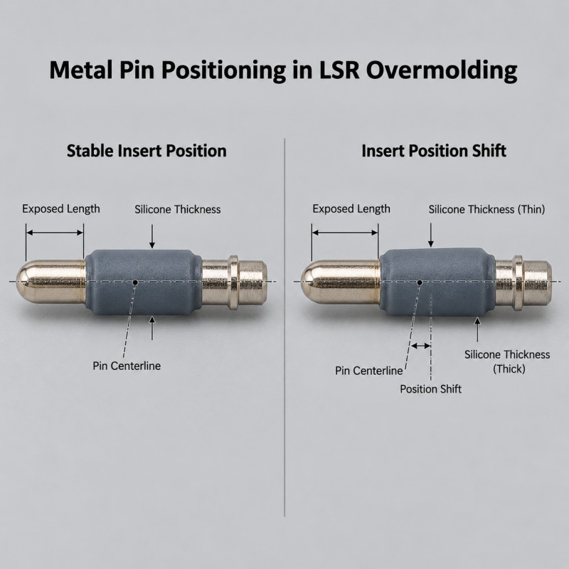 Metal pin positioning and silicone coverage control in LSR overmolding