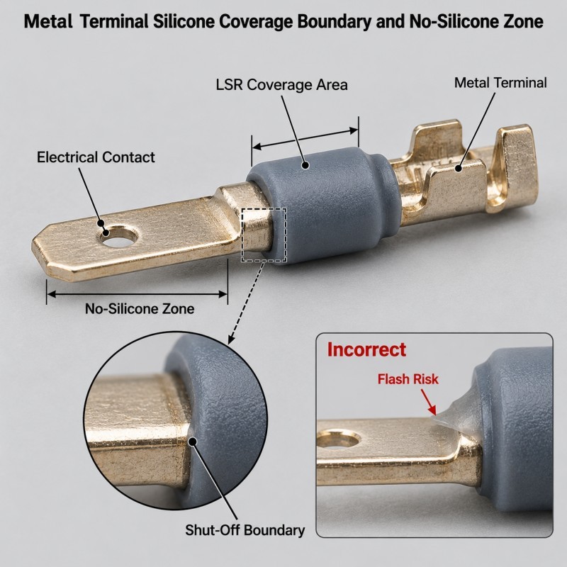 Metal terminal silicone coverage boundary and no-silicone electrical contact zone