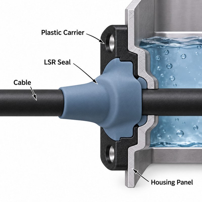 Cross-section of LSR cable feedthrough sealing structure