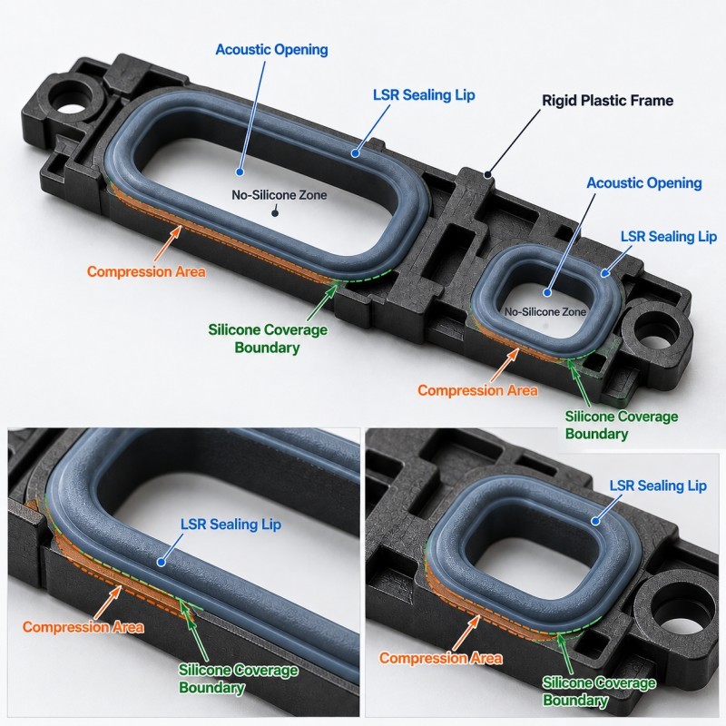 LSR acoustic sealing frame with open speaker and microphone sound path