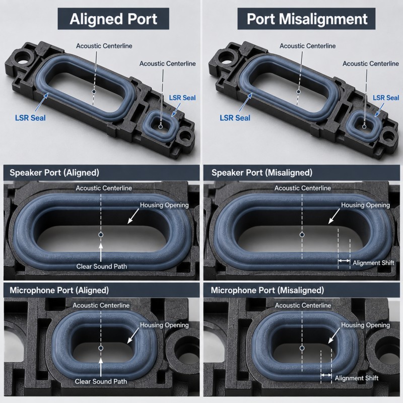 Speaker microphone port alignment with LSR overmolded sealing frame
