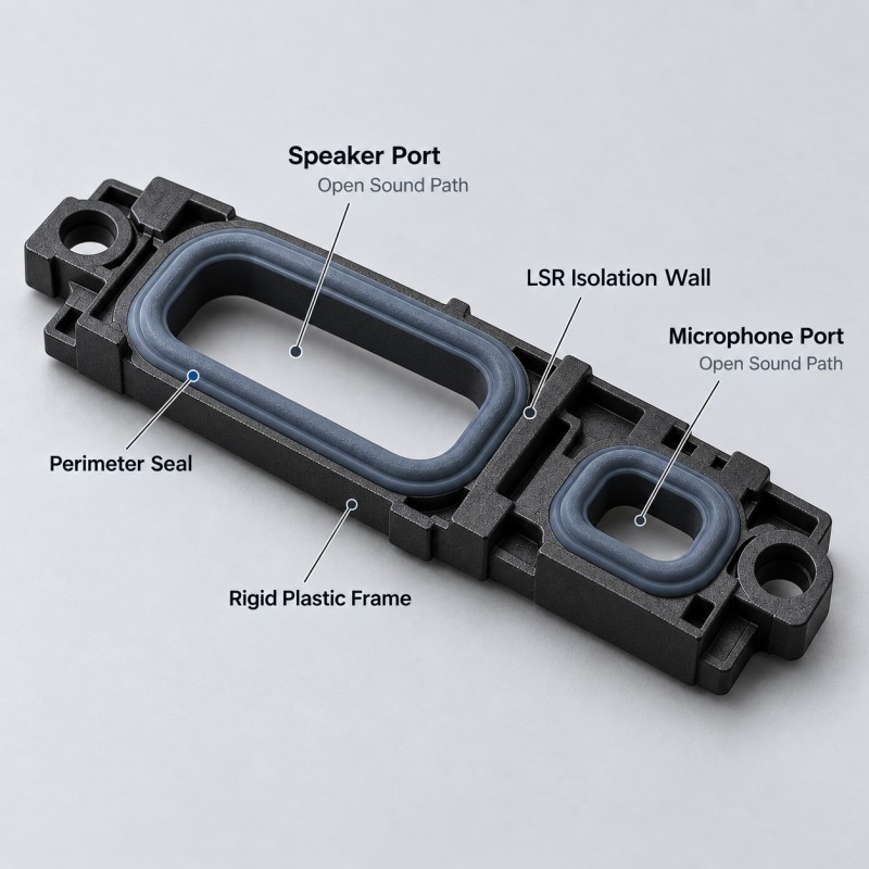 Dual-port LSR acoustic sealing frame with isolated speaker and microphone channels