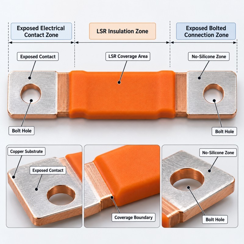 Copper busbar LSR overmolding with exposed bolted electrical connection zones