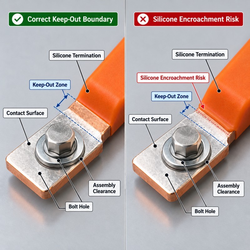 Copper busbar bolted joint with controlled silicone insulation keep-out boundary
