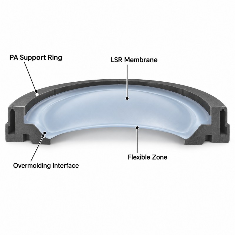 Cross-section of PA supported LSR pressure diaphragm
