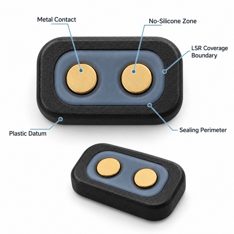 LSR wearable charging interface seal with exposed conductive contacts and silicone sealing perimeter