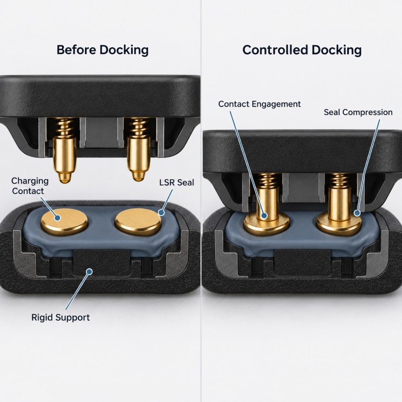 Wearable charging contact engagement and LSR seal compression clearance design