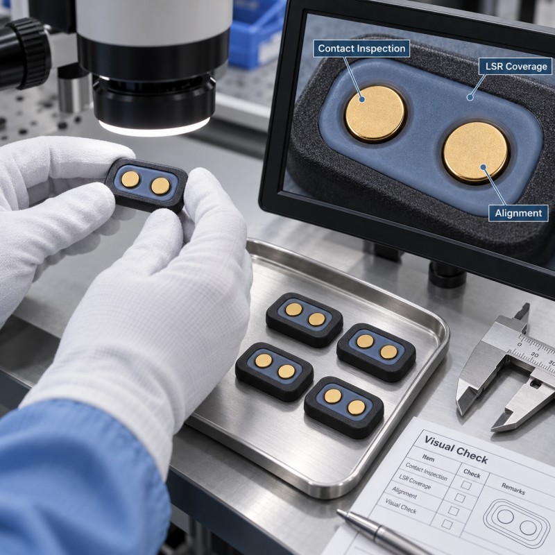 LSR wearable charging interface inspection for exposed contacts sealing and repeated docking