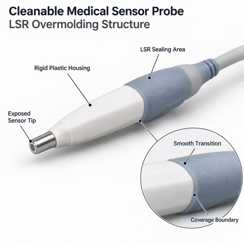 Medical sensor probe LSR overmolded seal with exposed sensing tip and cleanable housing transition