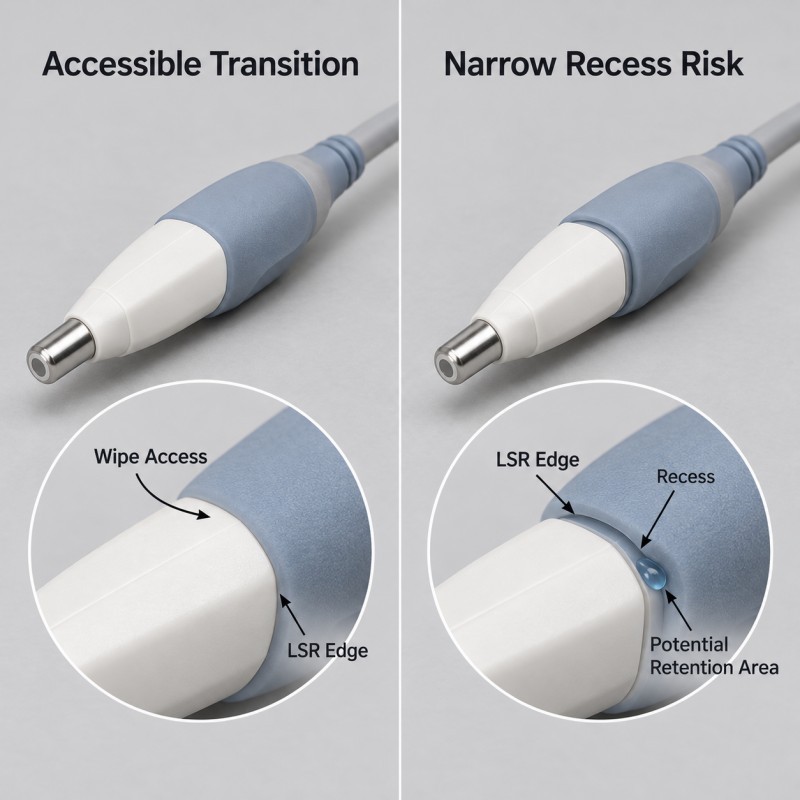 Medical sensor probe smooth LSR housing transition versus recessed fluid-trapping edge