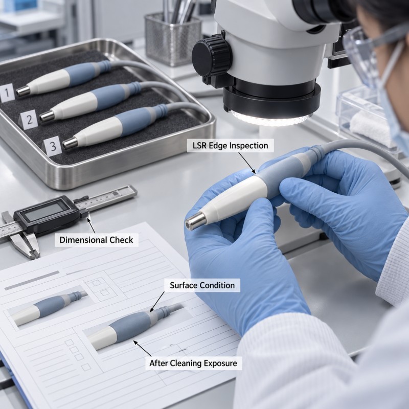 LSR medical sensor probe seal inspection after repeated wipe cleaning and material exposure