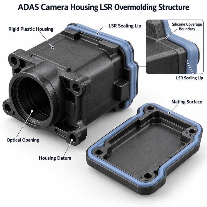 ADAS camera housing LSR perimeter seal with exposed lens opening and rigid mounting features