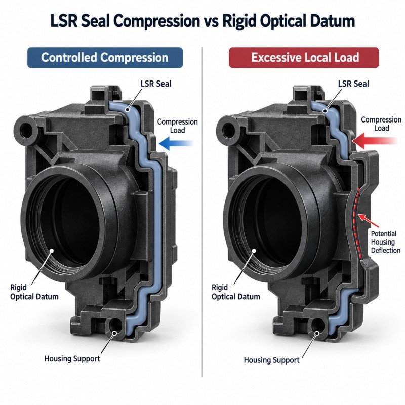 ADAS camera housing optical keep-out zones and localized LSR sealing boundary