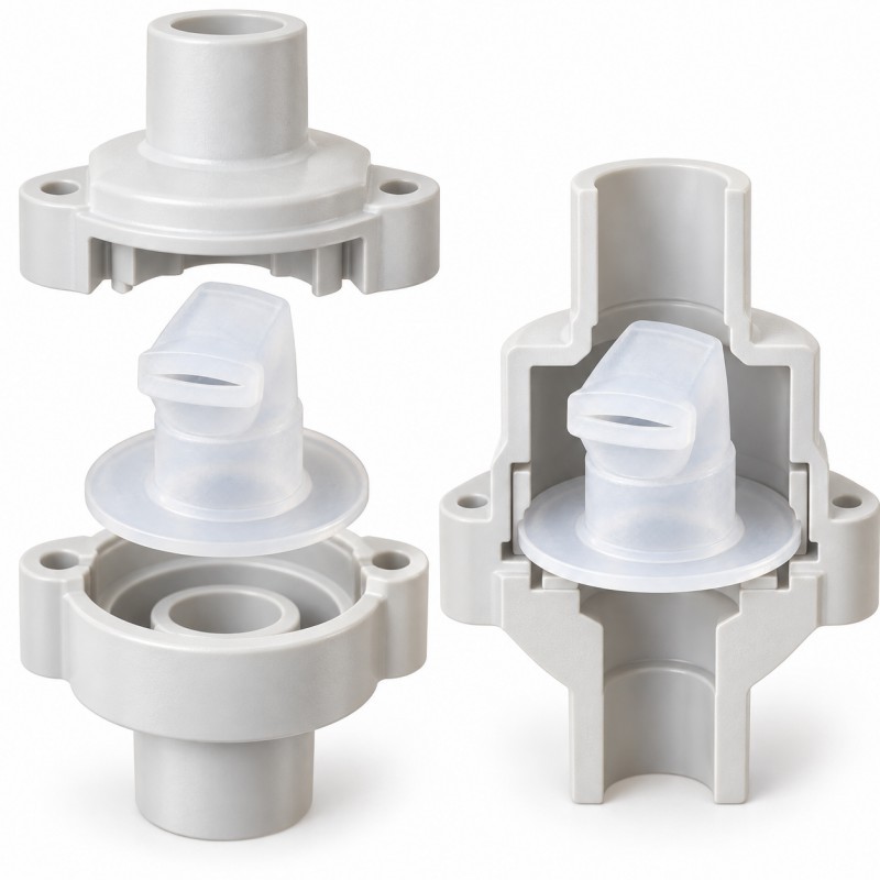 Silicone duckbill valve mounted in a fluid control housing