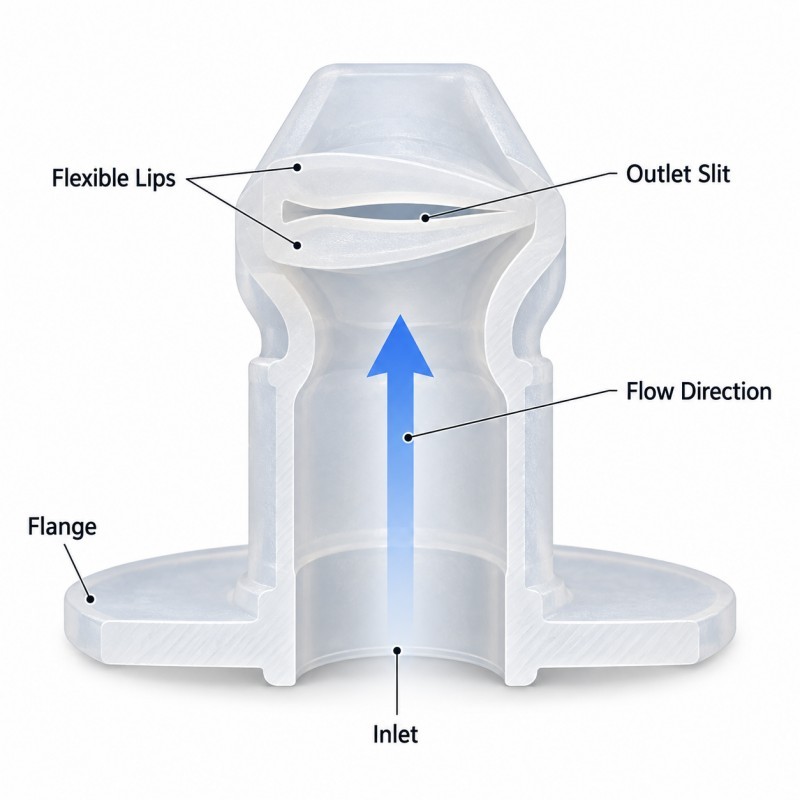 Cross-section of LSR duckbill check valve and one-way flow path