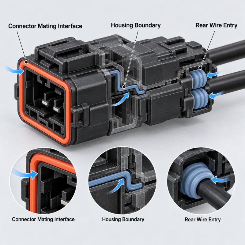 Automotive connector mating face housing perimeter and rear wire entry sealing locations