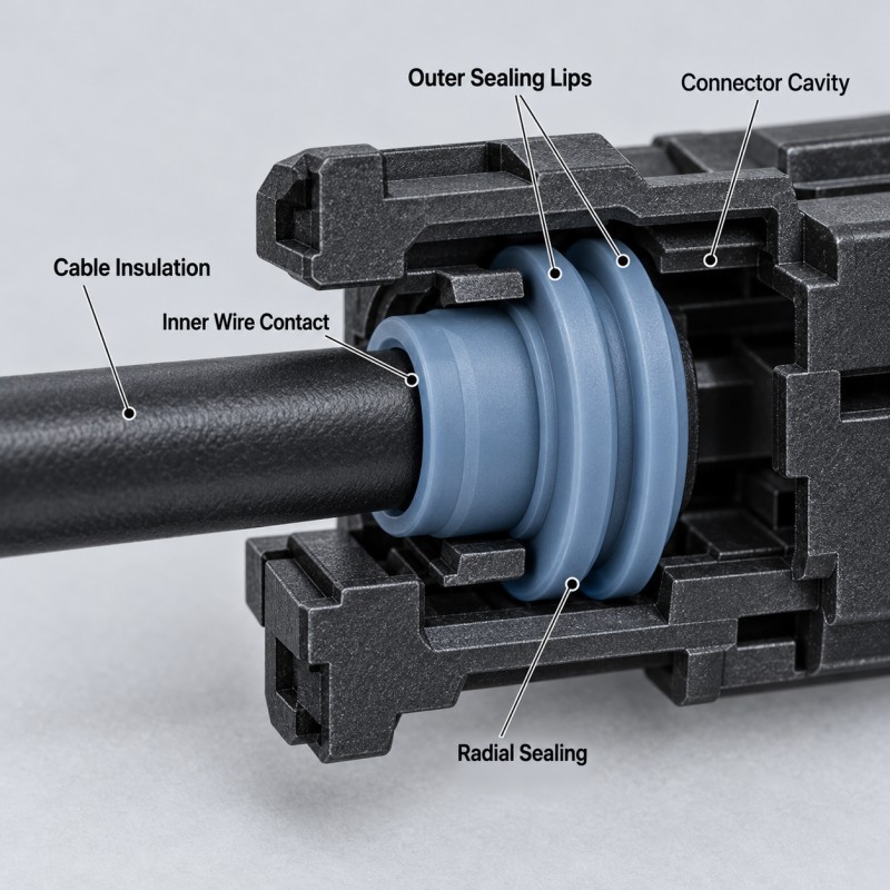 Automotive connector single wire seal between cable insulation and connector cavity wall