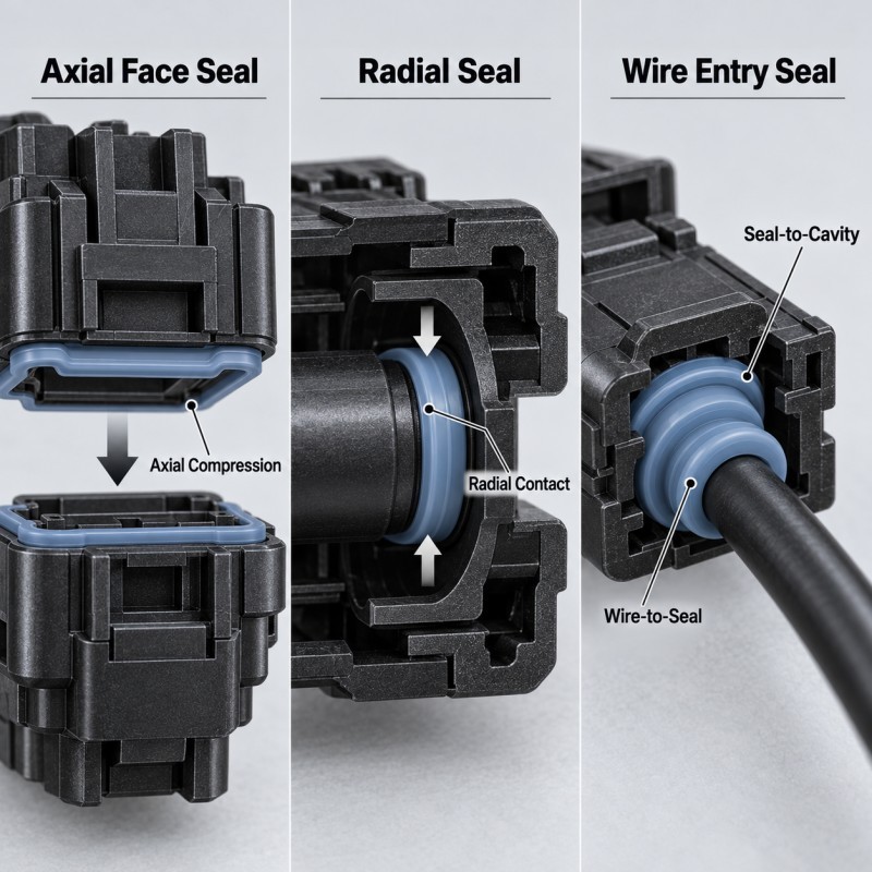Automotive connector axial face seal radial cavity seal and wire entry sealing comparison