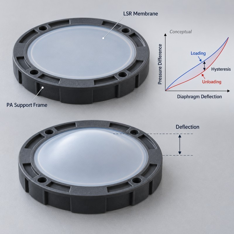 Why Do PA-Supported LSR Pressure Diaphragms Show Hysteresis and Deflection Drift?
