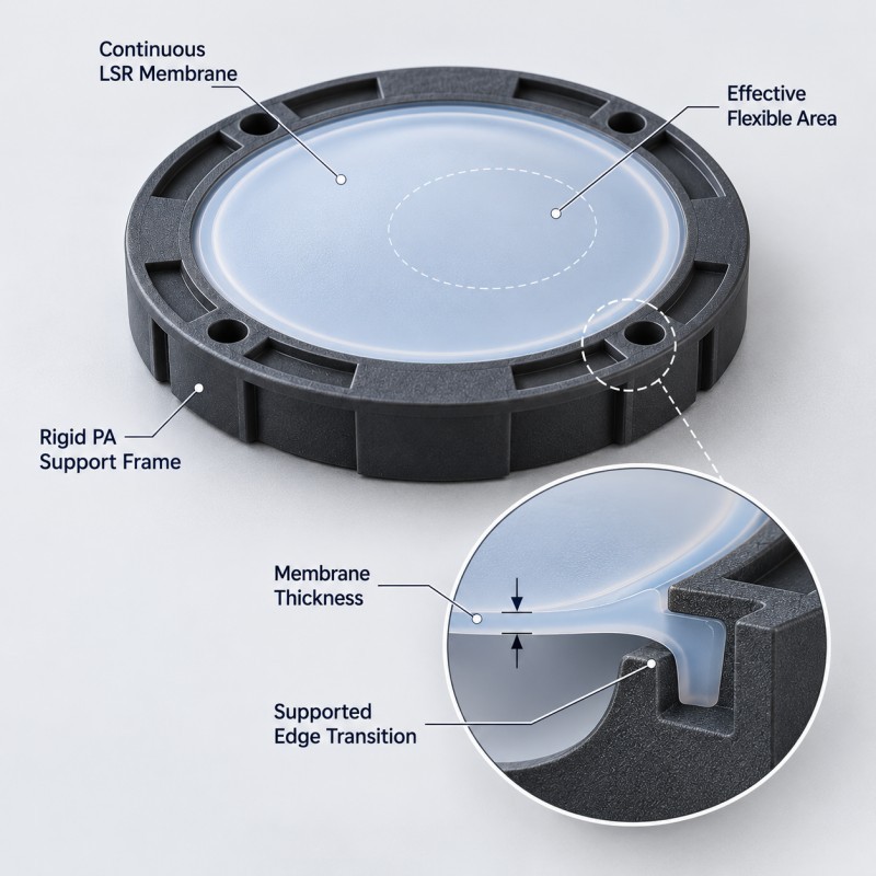 PA supported LSR pressure diaphragm showing flexible membrane and rigid support frame