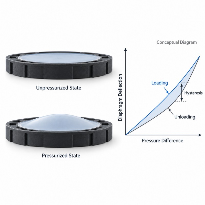 Conceptual LSR pressure diaphragm loading and unloading deflection curves illustrating hysteresis